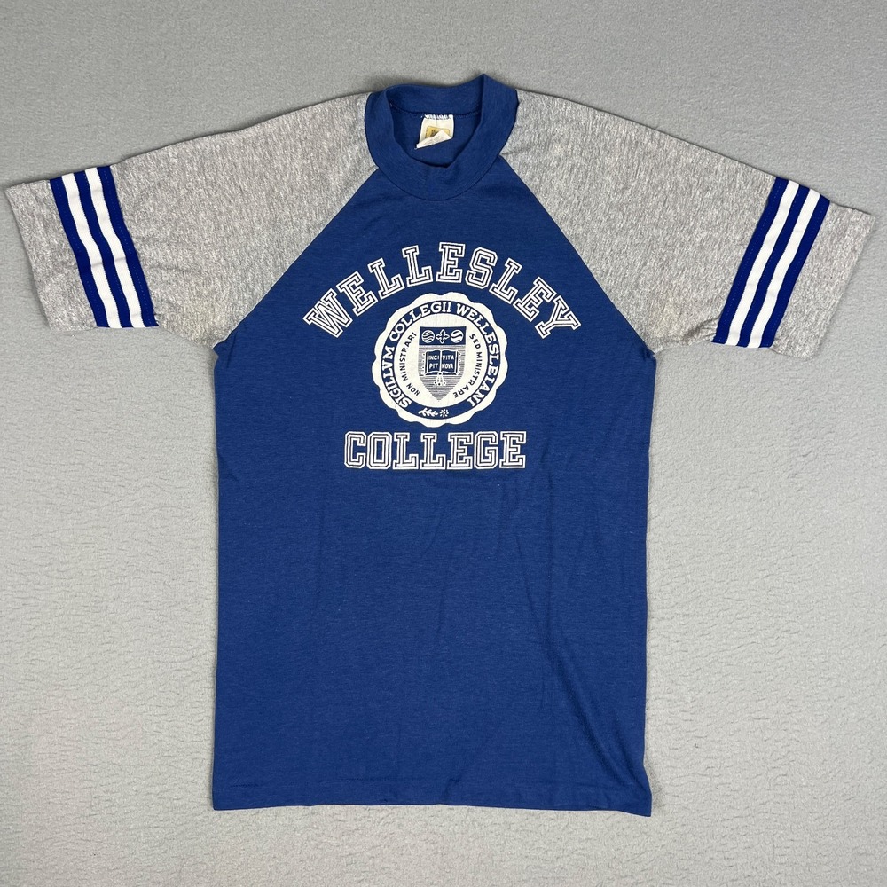 VTG 70s Wellesley College T Shirt Fits XS Raglan Crest Velva Sheen Thin USA
